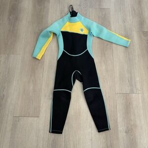 Realon Sports Kids Unisex Wetsuit Size Small Black Yellow Teal Long Sleeve Zip